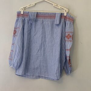Rafaella blue white off the shoulder striped blouse with red stitching L NWT
